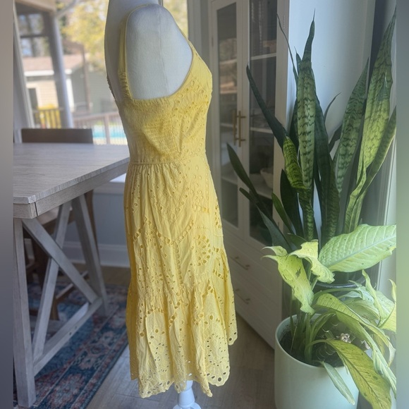Japna Eyelet Cotton Sundress with Smocked Back & Ruffle Hem Yellow Dress S - Picture 5 of 8